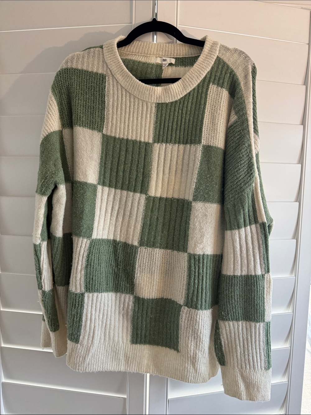 bp Green and Cream Checkerboard Crewneck Sweater
